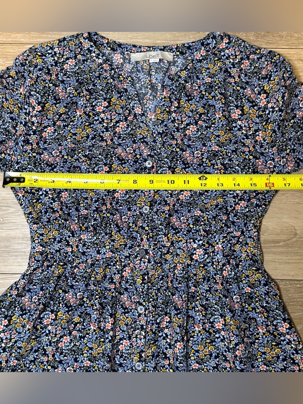 LOFT Navy Blue Floral Long-Sleeve Button Down Midi Dress - Picture 15 of 16